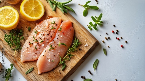Fresh Salmon Fillets Arranged on a Wooden Cutting Board With Herbs and Lemon ...