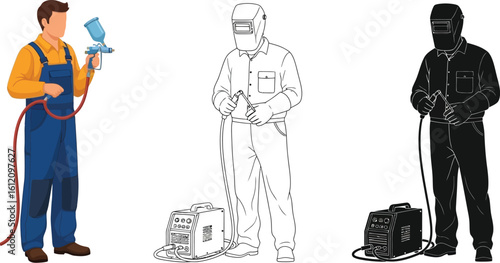 Illustration of workers using spray paint gun and welding machine for metal works vector