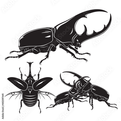 Set of 3 Rhinoceros Beetle Silhouettes as a Horned Bug Set