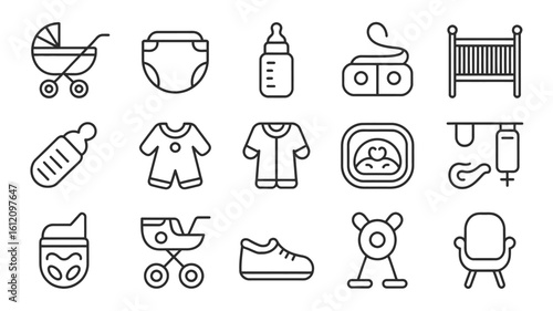 Baby items and equipment icons stroller diaper
