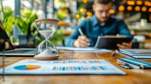Productivity in a Modern Workspace With an Hourglass and Charts Focused on Ti...