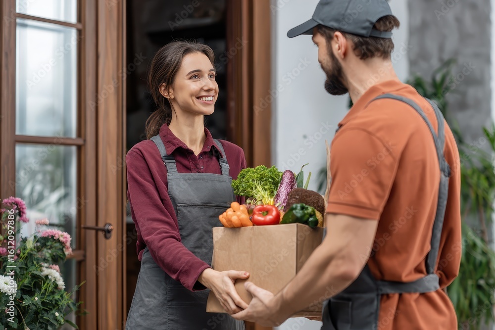 Delivery man hands fresh groceries to woman at her home in a sunny outdoor setting during afternoon hours, showcasing a friendly and convenient service experience Delivery man hands fresh groceries to woman at her home in a sunny outdoor setting during afternoon hours, showcasing a friendly and convenient service experience