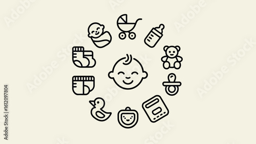 Baby icons arranged in a circle around a central baby face stroller