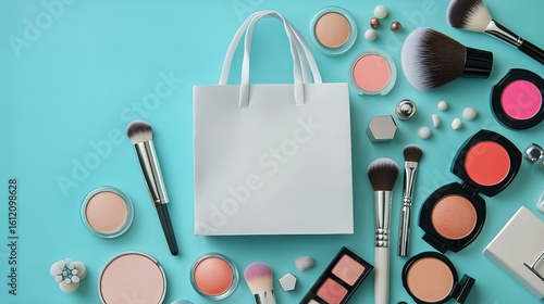 Beauty Products and Tools Arranged on a Blue Background for Makeup Applicatio...