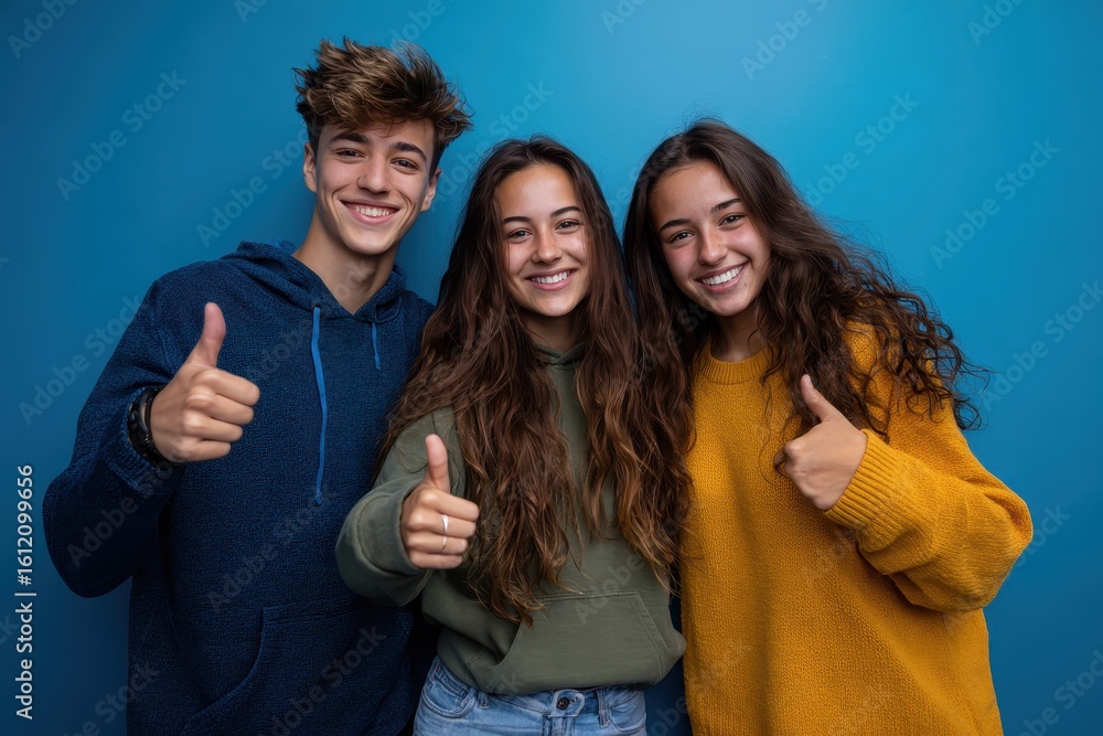 Fototapeta premium Teenage friends celebrating friendship with thumbs up in front of vibrant blue background during a casual gathering