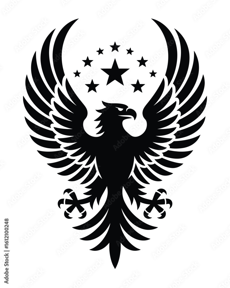 Obraz premium Black eagle with outstretched wings and stars bird
