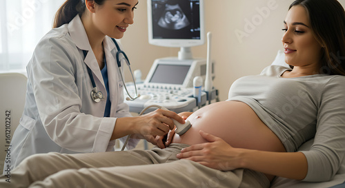 pregnant woman with doctor, prenatal checkup, maternal healthcare, ultrasound scan, nurturing environment, female OB-GYN, maternity clinic, supportive interaction, mother’s wellness

