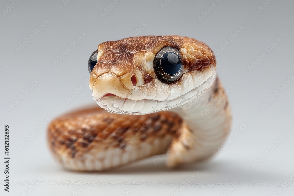 Fototapeta premium Cute baby snake with large expressive eyes exploring its surroundings, showcasing intricate details of its skin texture and vibrant colors during a sunny afternoon