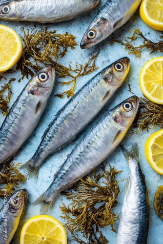 Fresh sardines with lemon slices and seaweed on blue background