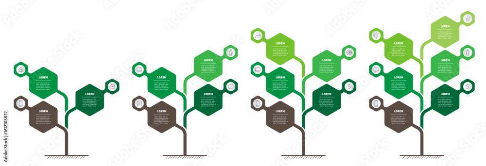 Creative tree infographic design with hexagonal leafs, growth stages and icons. Perfect vector template for business presentations, environmental projects, and development timelines.