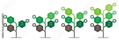 Creative tree infographic design with hexagonal leafs, growth stages and icons. Perfect vector template for business presentations, environmental projects, and development timelines.