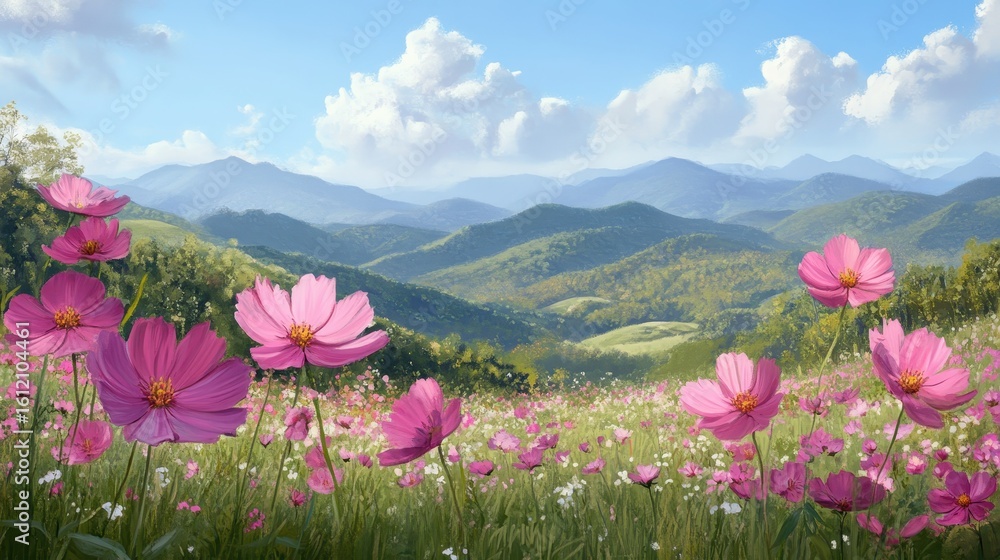Obraz premium Vibrant Flower Field with Mountains and Blue Sky in Background