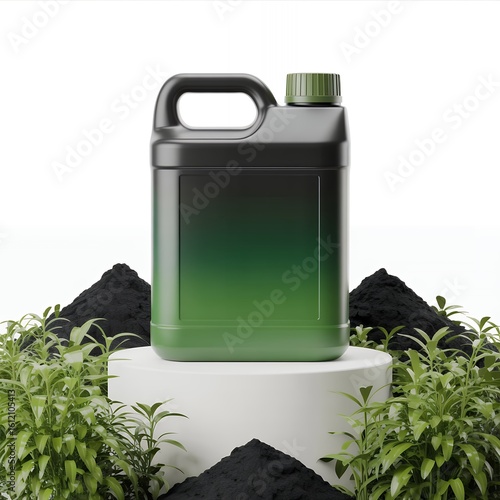 Black humic acid liquid fertilizer bottle with green plants and soil on white background