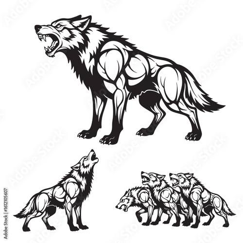 Set of 3 Dire Wolf Silhouettes as a Prehistoric Canine Icon Set