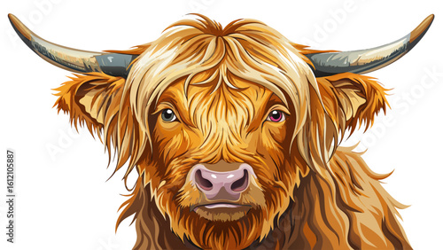 very Beautiful  close up Wrendale Highland cow water colour. white background 