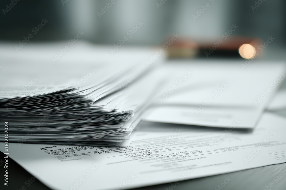 Obraz premium Detailed view of bankruptcy documents stacked on a desk with a blurred background indicating a financial office setting