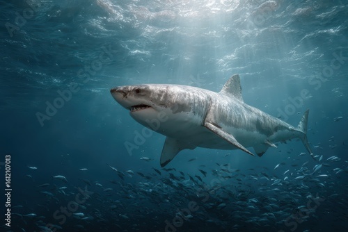 Large shark swimming among schools of small fish in a crystal-clear ocean under sunlight