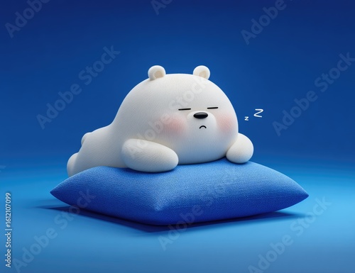 Cute white bear sleeping on blue pillow