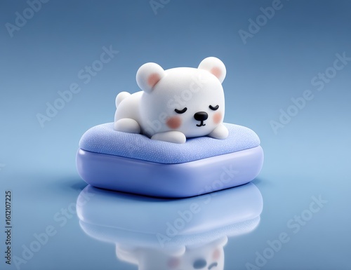 Cute white bear cub sleeping on a light-blue cushion