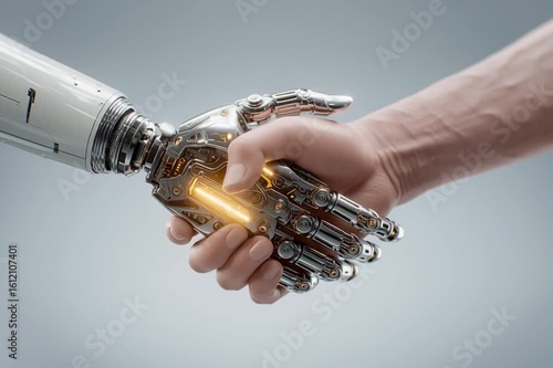 Futuristic handshake between human and robotic hand symbolizing AI collaboration