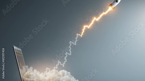 Rocket launching from laptop with glowing growth arrow and smoke trail