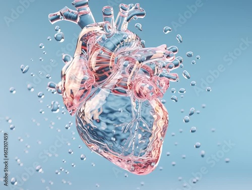Transparent pink liquid heart with floating water droplets on blue background