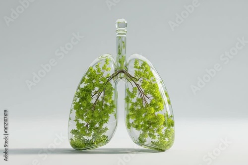 Transparent glass lungs filled with green trees symbolizing clean air and health