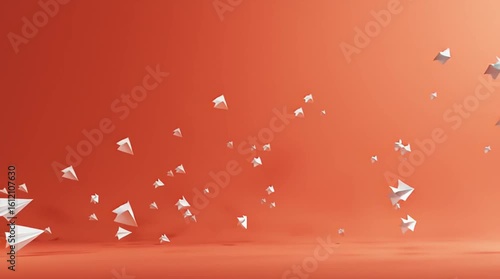 Red origami jet leading white paper planes against orange background