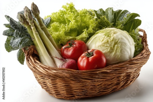 Fresh raw vegetables in a wicker basket on a light background highlighting the colorful assortment and natural textures for healthy eating inspiration