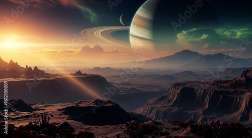 Planet landscape fantasy space ringed planet cosmic background scifi planet surface mountain range horizon sky