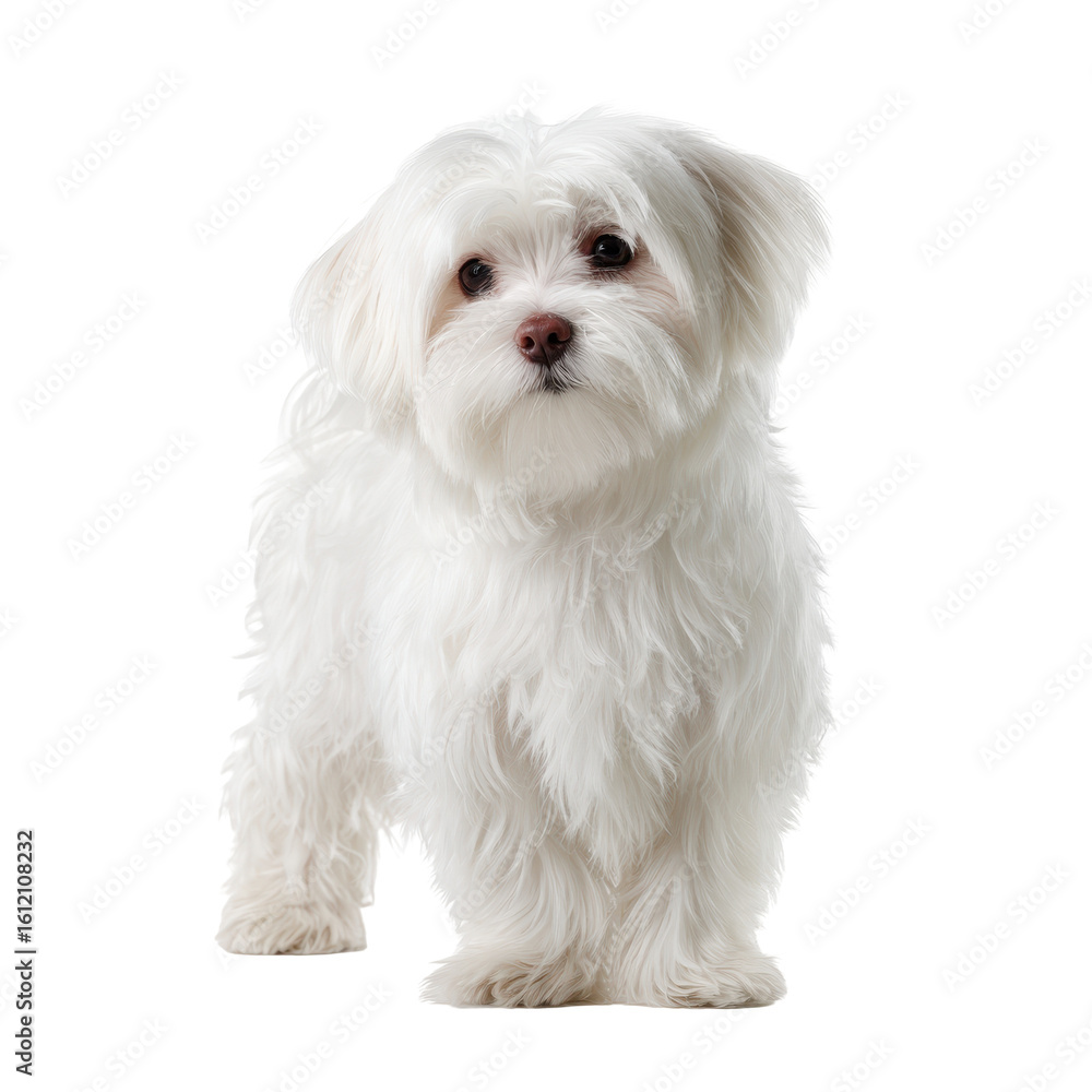 Small fluffy white dog standing on a plain background with curious expression Small fluffy white dog standing on a plain background with curious expression