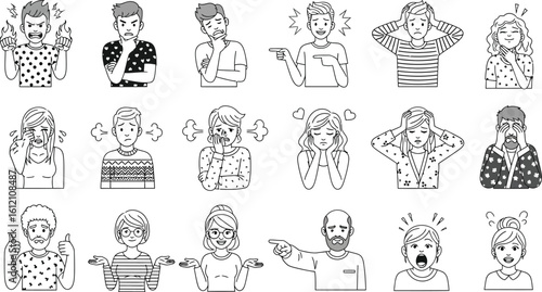 Emotions and feelings vector illustration set of various expressions and moods line art vector