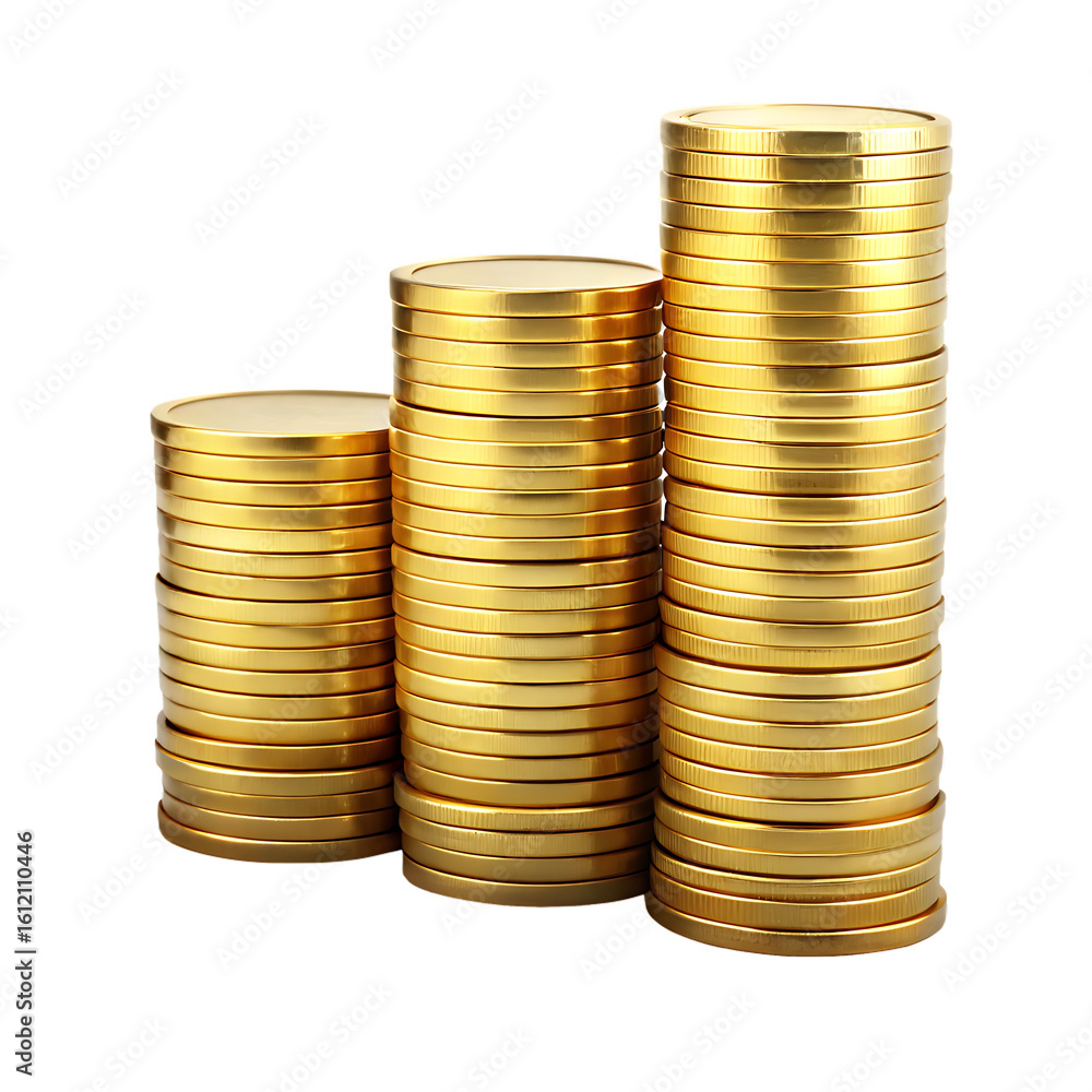 Stacks of Golden Coins Increasing on Transparent Background Stacks of Golden Coins Increasing on Transparent Background