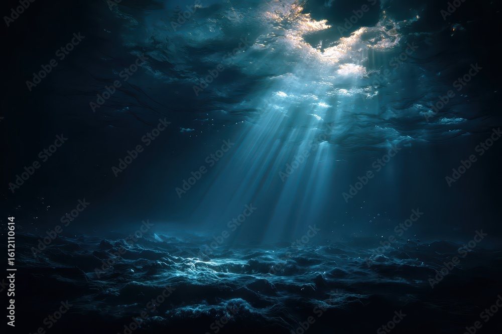 Obraz premium Mystical underwater abyss illuminated by enchanting rays of light breaking through the dark ocean surface at twilight