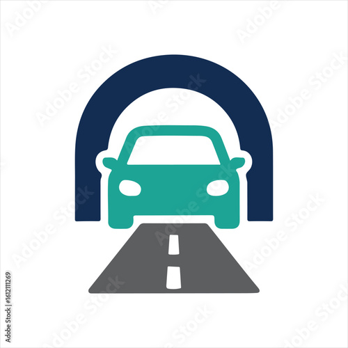 Car logo with an arch and road, symbolizing transportation and automotive.