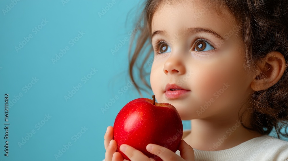 A young girl with curly hair holds a bright red apple. She gazes thoughtfully into the distance. The image captures innocence and curiosity. A colorful, charming scene for family themes. AI A young girl with curly hair holds a bright red apple. She gazes thoughtfully into the distance. The image captures innocence and curiosity. A colorful, charming scene for family themes. AI