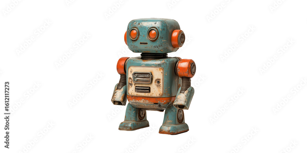 Fototapeta premium Vintage Toy Robot With Retro Design. Nostalgic Collectible Isolated On Transparent Background