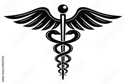 Black and White Caduceus Symbol with Snakes and Wings Represents Healthcare and Medicine Standing Out on a Clean White Background