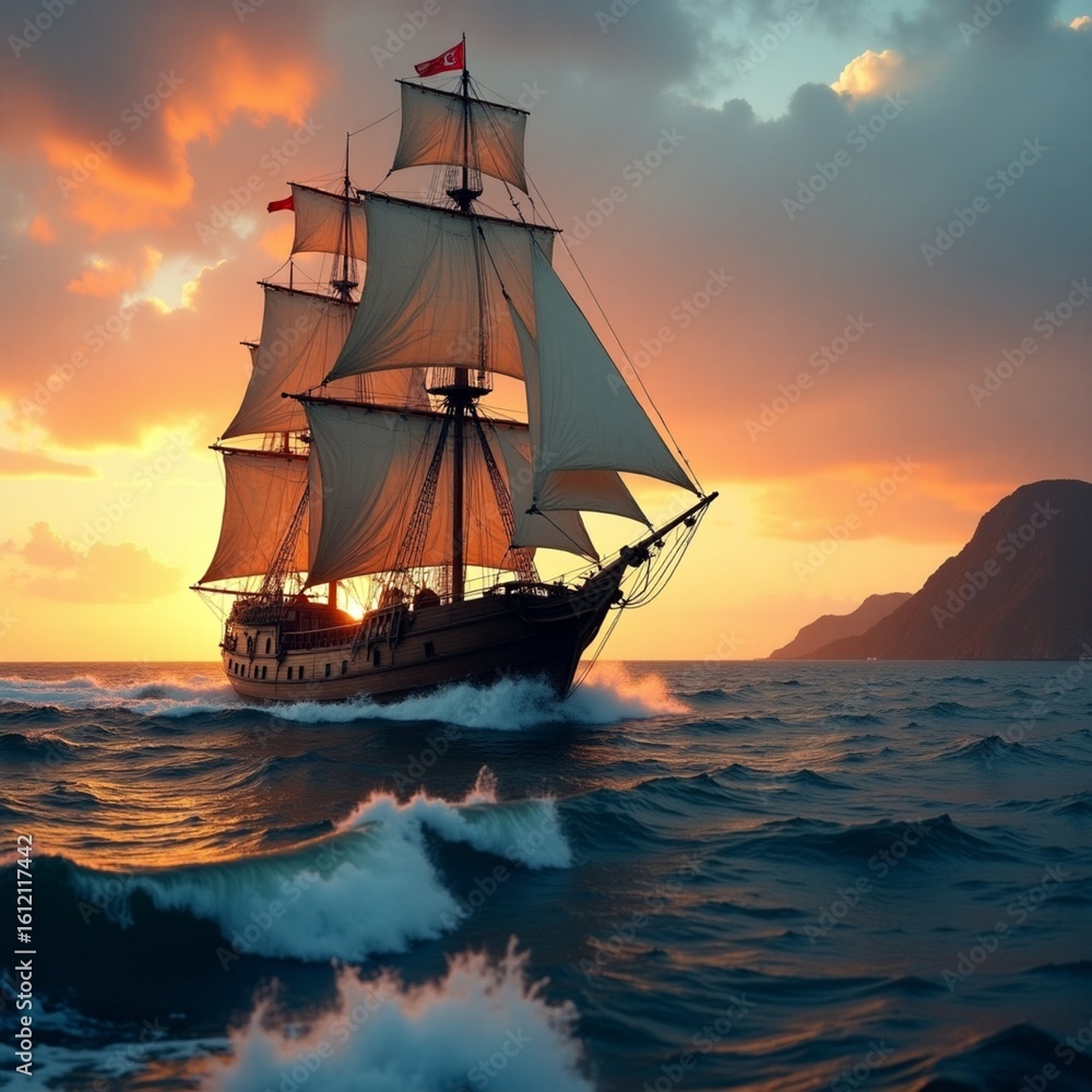 Fototapeta premium sailing ship in the sunset