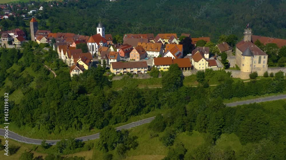 An aerial panoramic view above the old town of the city Waldenburg in Germany on an early sunny spring morning An aerial panoramic view above the old town of the city Waldenburg in Germany on an early sunny spring morning