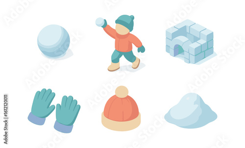 Winter activities set: snowball, igloo, and cozy accessories in isometric style