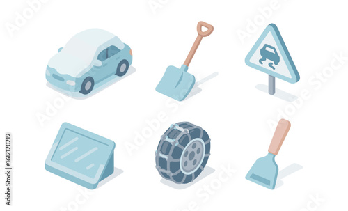 Isometric winter driving essentials: tools and safety icons for cold weather preparedness
