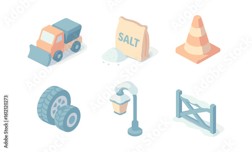 Isometric winter maintenance icons: snow plow, salt bag, traffic cone, tires, street lamp, snow-covered gate