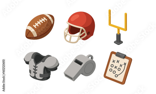 Isometric american football icons: helmet, ball, and gear set