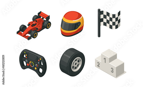 Isometric racing icons: car, helmet, steering wheel, flag, tire, podium
