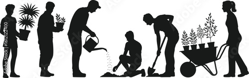 People gardening together, planting trees, watering plants, teamwork in garden, community farming, silhouette style, eco-friendly activity, outdoor teamwork, horticulture