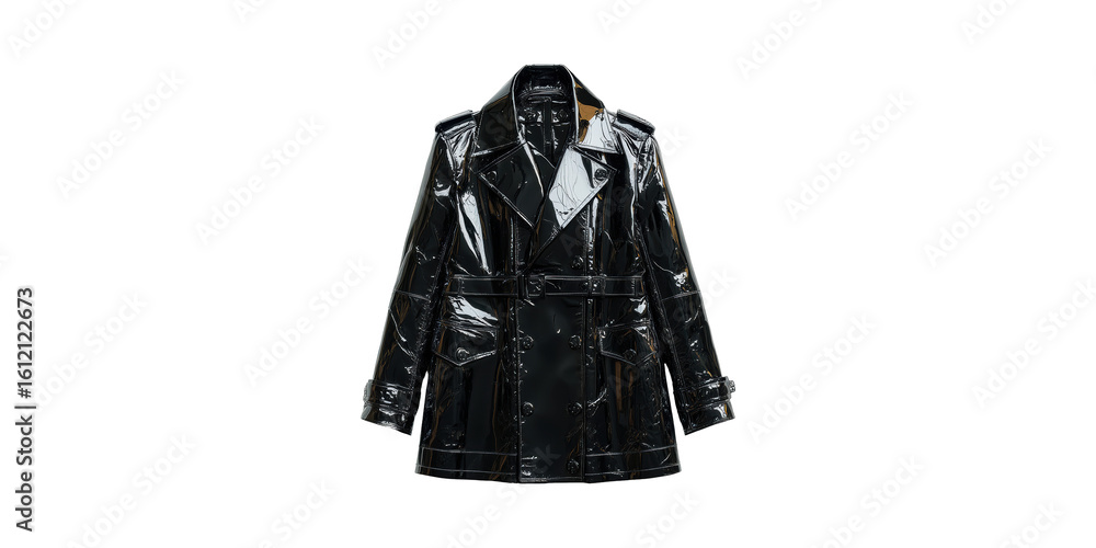Naklejka premium Black Patent Leather Trench Coat. Fashionable Outerwear For Stylish Looks Isolated On Transparent Background