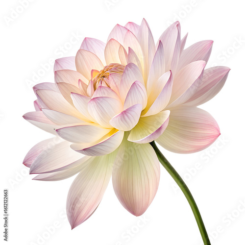 A close-up of a beautiful pink and white lotus flower with delicate petals and a green stem against a black background.