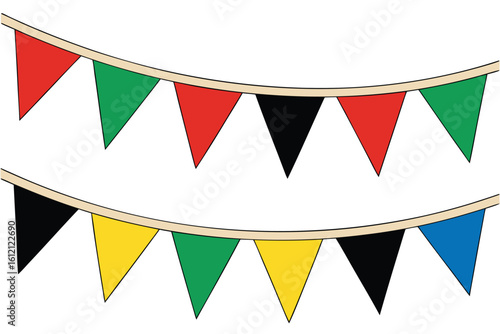 Festive Triangle Bunting Flags Decorations for Celebrations with Red Green Black Yellow and Blue Colors Hanging on Strings