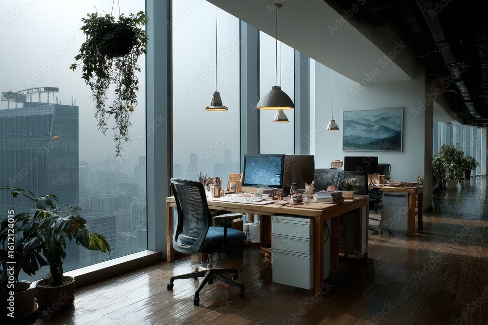Fototapeta premium Modern office workspace overlooking Beijing skyline with large windows and greenery creating a productive atmosphere